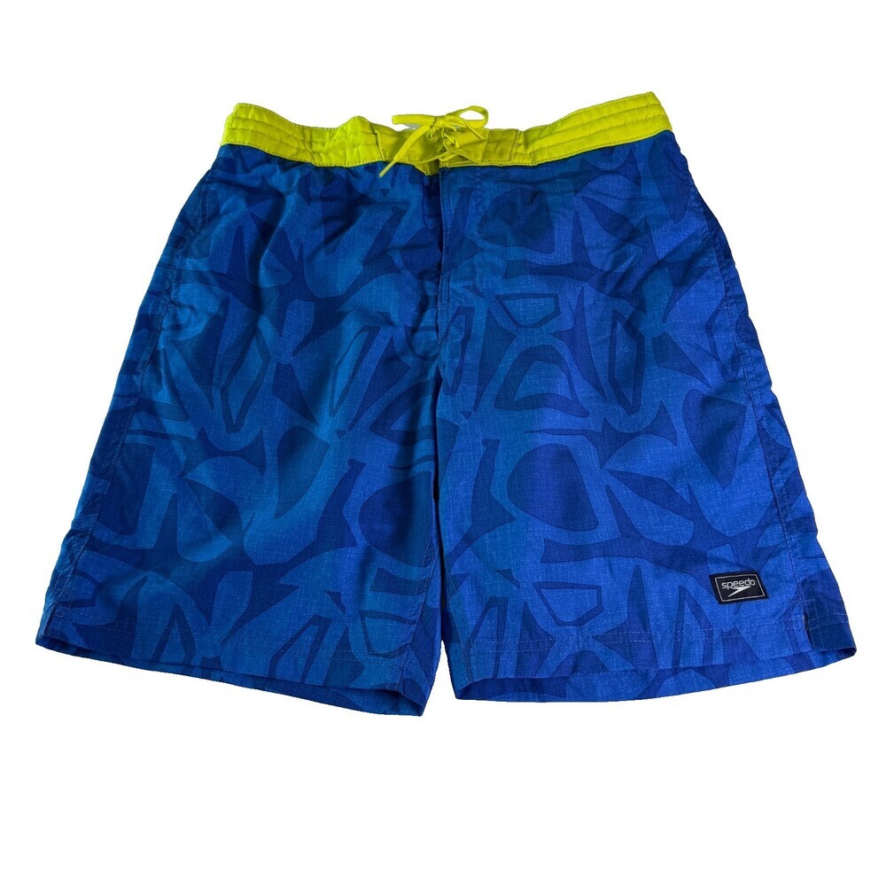 Speedo Men's Swim Trunks Size L Royal Blue Lime Green Geometric Pockets Lined